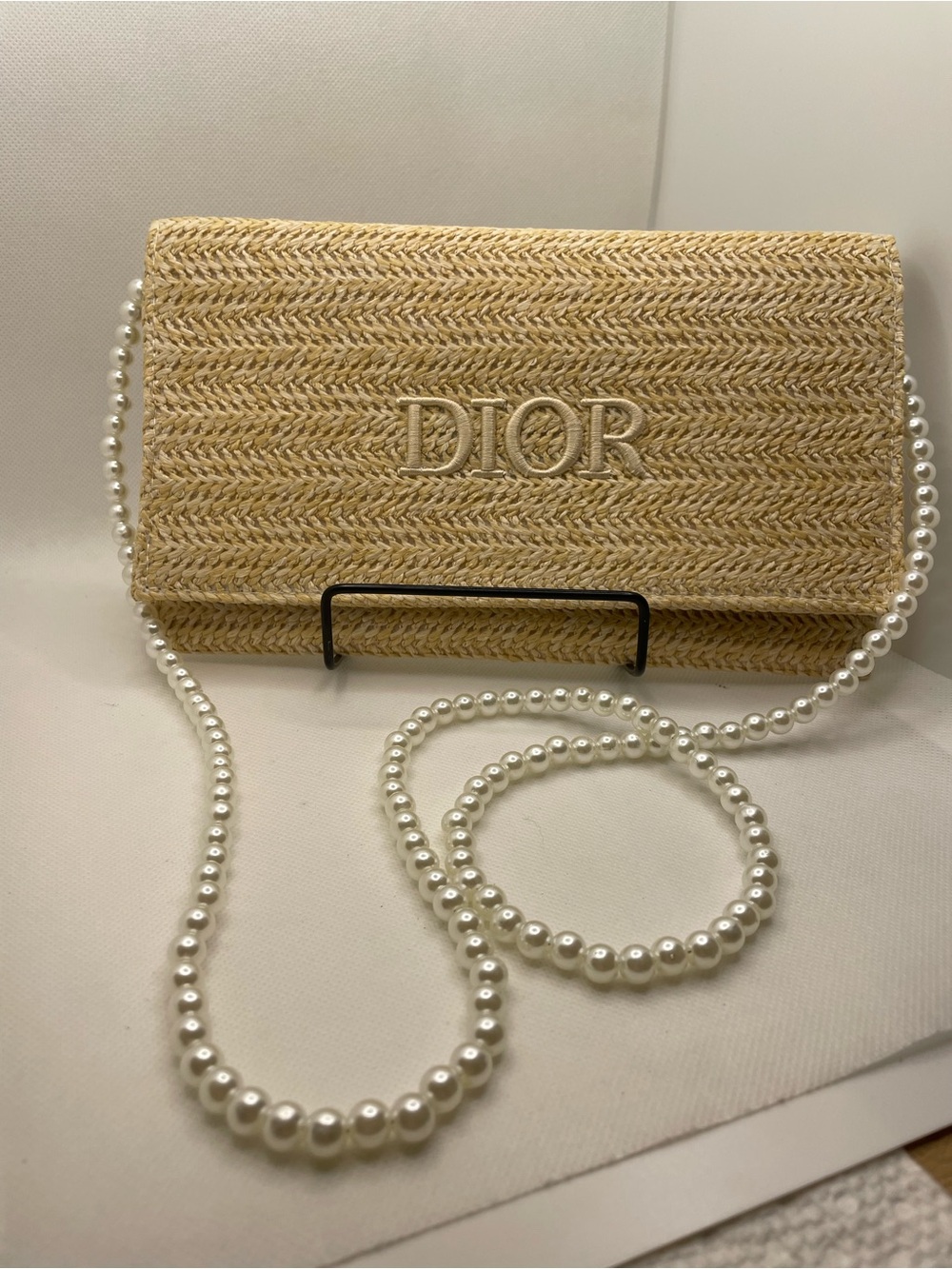 Dior Beige Straw Clutch with Pearl Handle( new in box)